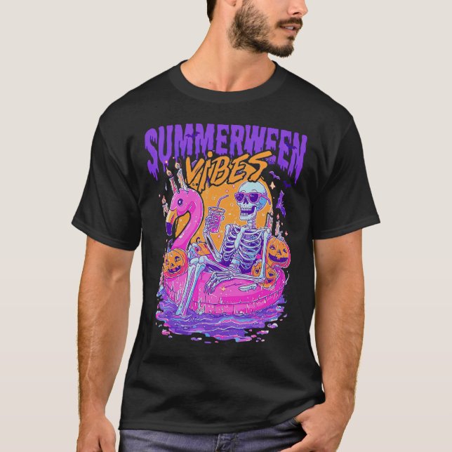 Summerween Vibes Skeleton Pumpkin Spooky Vacation  T-Shirt (Front)