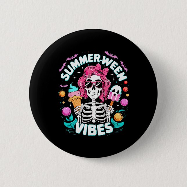 Summerween Vibes Skeleton Spooky Vacation Hallowee 6 Cm Round Badge (Front)