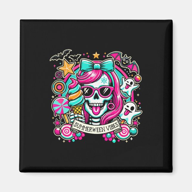 Summerween Vibes Skeleton Spooky Vacation Hallowee Magnet (Front)
