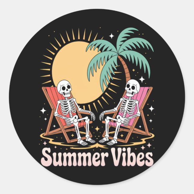 Summerween Vibes Skeleton Summer Vacation Beach Classic Round Sticker (Front)