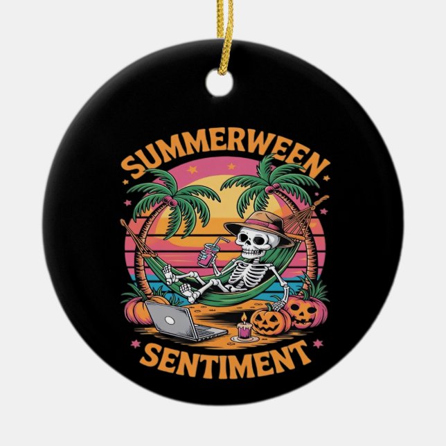 Summerween Vibes, Skeleton Summer Vacation, Summer Ceramic Tree Decoration (Front)