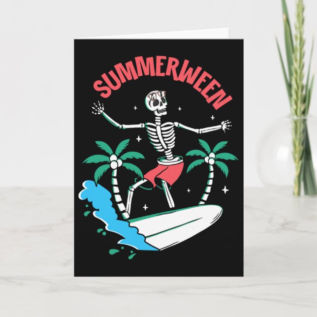 Summerween Vibes Skeleton Surfing Waves Summer Hal Card (Front)