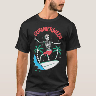 Summerween Vibes Skeleton Surfing Waves Summer Hal T-Shirt