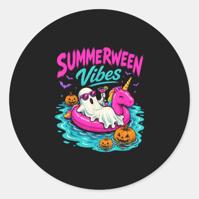 Summerween vibes spooky ghost unicorn beach classic round sticker (Front)