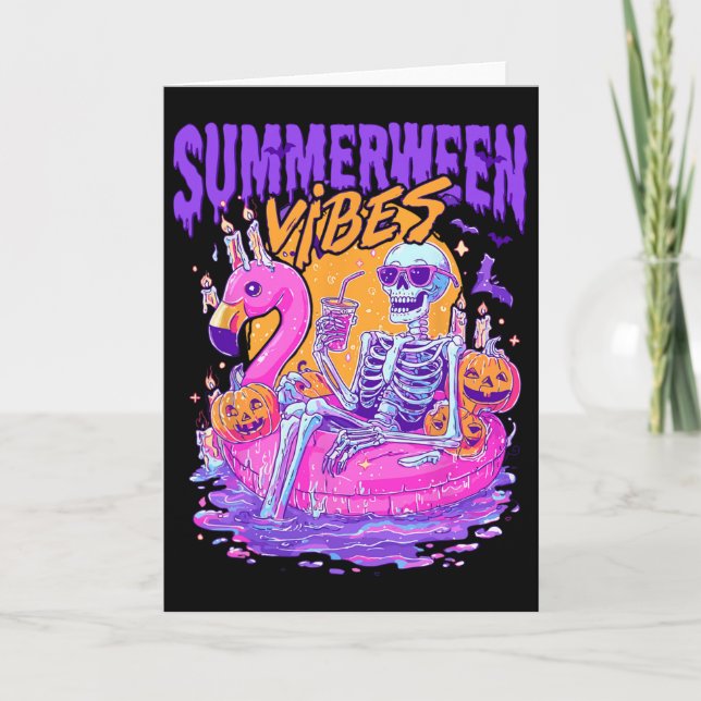 Summerween Vibes Spooky Skeleton Flamingo Pool Hal Card (Front)