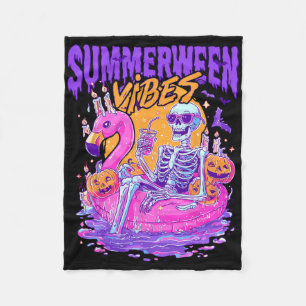 Summerween Vibes Spooky Skeleton Flamingo Pool Hal Fleece Blanket