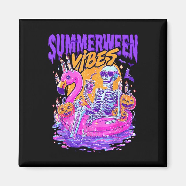 Summerween Vibes Spooky Skeleton Flamingo Pool Hal Magnet (Front)