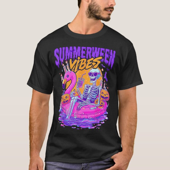 Summerween Vibes Spooky Skeleton Flamingo Pool Hal T-Shirt (Front)