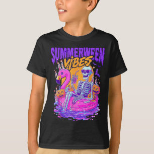 Summerween Vibes Spooky Skeleton Flamingo Pool Hal T-Shirt