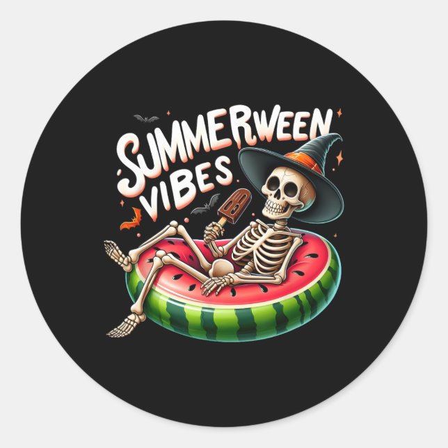 Summerween Vibes Spooky Skeleton Halloween Beach W Classic Round Sticker (Front)