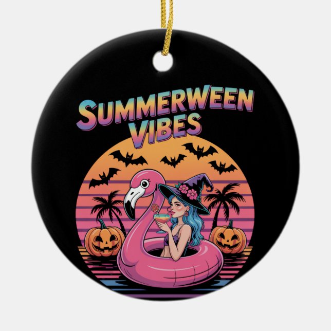 Summerween Vibes Witch Flamingo Ceramic Tree Decoration (Front)