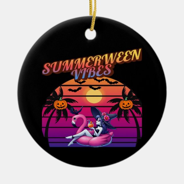 Summerween Vibes Witch Flamingo Float, Witch Summe Ceramic Tree Decoration (Front)