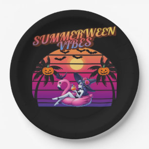 Summerween Vibes Witch Flamingo Float, Witch Summe Paper Plate