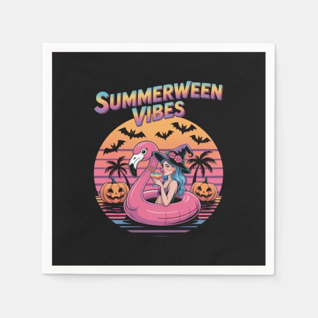 Summerween Vibes Witch Flamingo Napkin (Front)