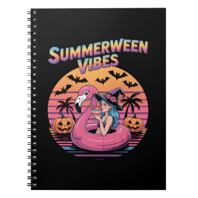 Summerween Vibes Witch Flamingo Notebook (Front)