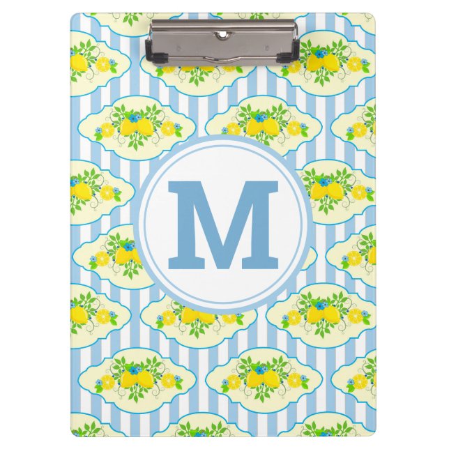 Summery Blue and Yellow Lemons Floral Pattern Clipboard (Front)