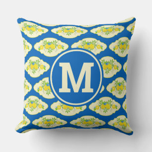 Summery Blue and Yellow Lemons Floral Pattern Cushion