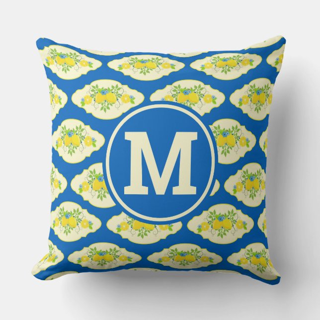 Summery Blue and Yellow Lemons Floral Pattern Cushion (Front)