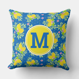 Summery Blue and Yellow Lemons Floral Pattern Cushion