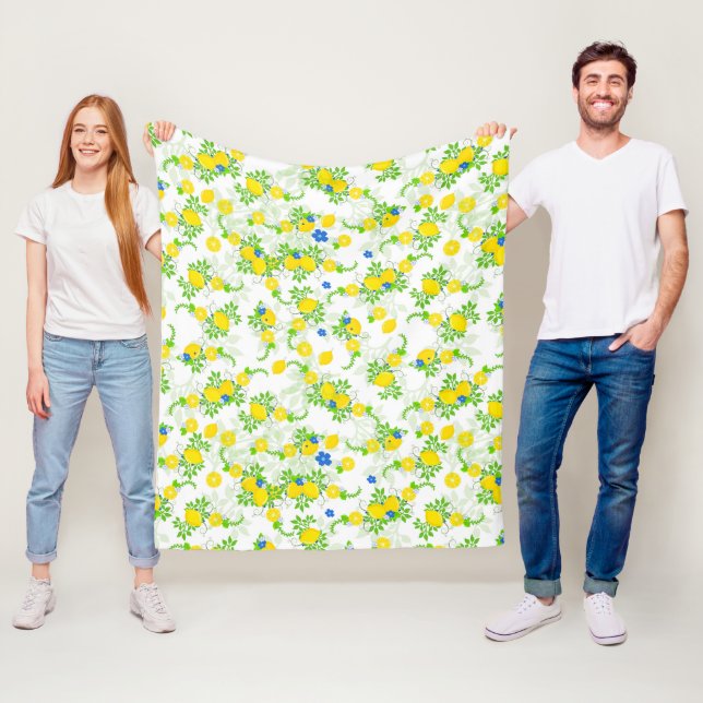 Summery Blue and Yellow Lemons Floral Pattern Fleece Blanket (In Situ)