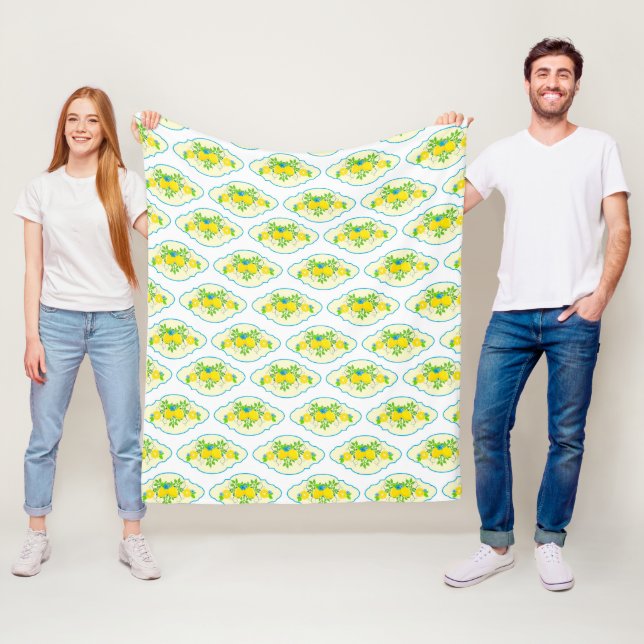 Summery Blue and Yellow Lemons Floral Pattern Fleece Blanket (In Situ)