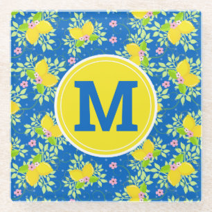 Summery Blue and Yellow Lemons Floral Pattern Glass Coaster