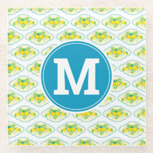 Summery Blue and Yellow Lemons Floral Pattern Glass Coaster