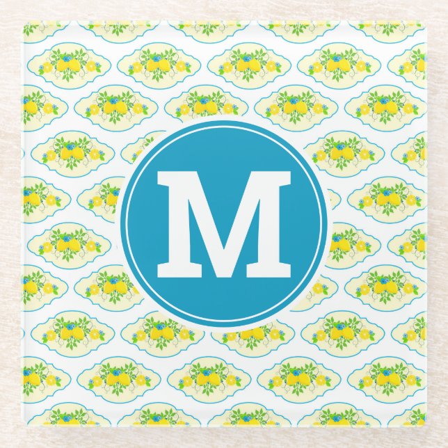 Summery Blue and Yellow Lemons Floral Pattern Glass Coaster (Front)