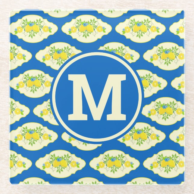 Summery Blue and Yellow Lemons Floral Pattern Glass Coaster (Front)