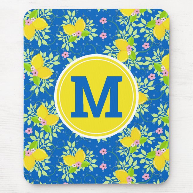 Summery Blue and Yellow Lemons Floral Pattern Mouse Pad (Front)