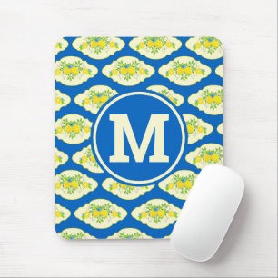 Summery Blue and Yellow Lemons Floral Pattern Mouse Pad