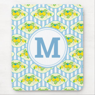 Summery Blue and Yellow Lemons Floral Pattern Mouse Pad