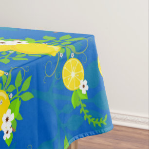 Summery Blue and Yellow Lemons Floral Pattern Tablecloth