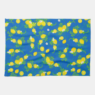 Summery Blue and Yellow Lemons Floral Pattern Tea Towel