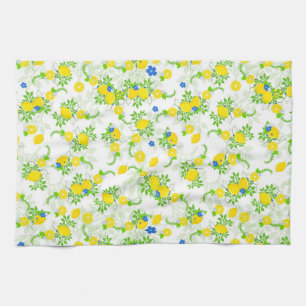 Summery Blue and Yellow Lemons Floral Pattern Tea Towel