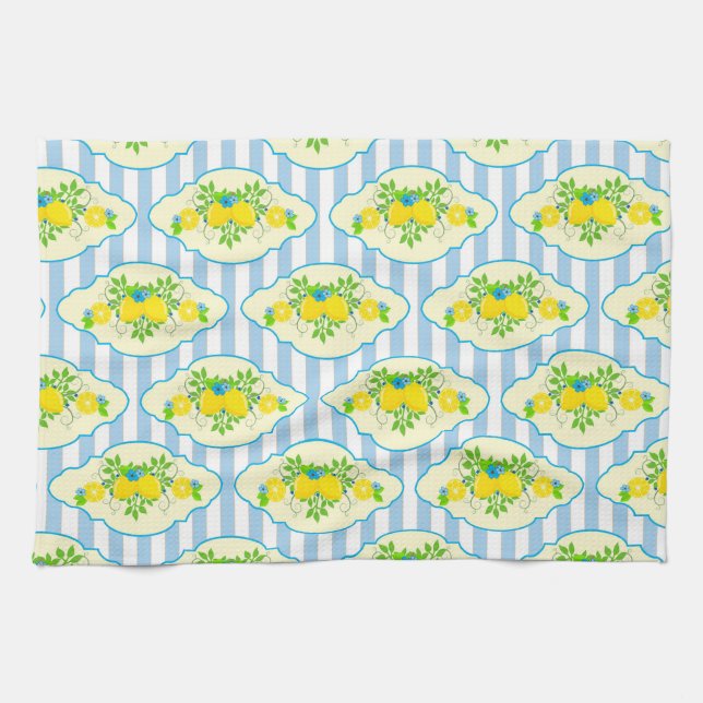 Summery Blue and Yellow Lemons Floral Pattern Tea Towel (Horizontal)