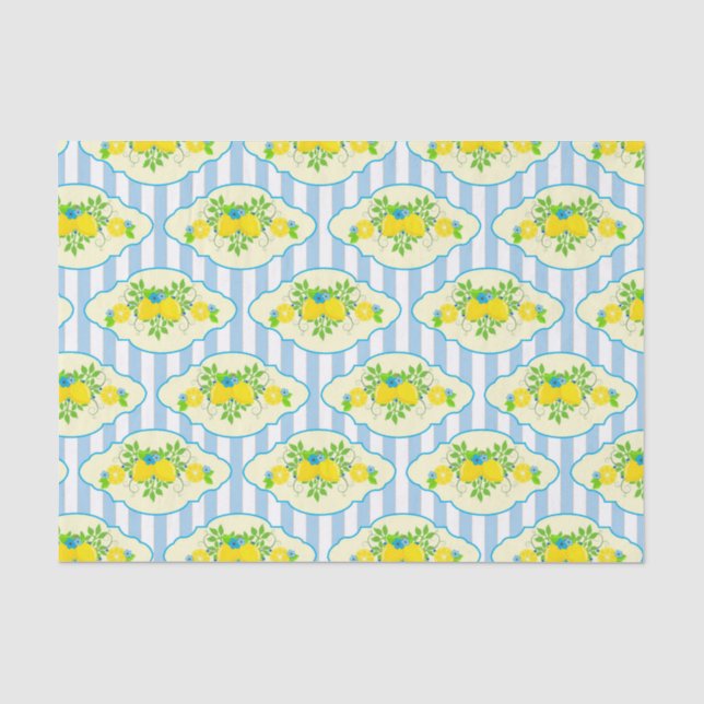 Summery Blue and Yellow Lemons Floral Pattern  Tissue Paper (Front)