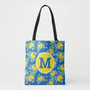 Summery Blue and Yellow Lemons Floral Pattern Tote Bag