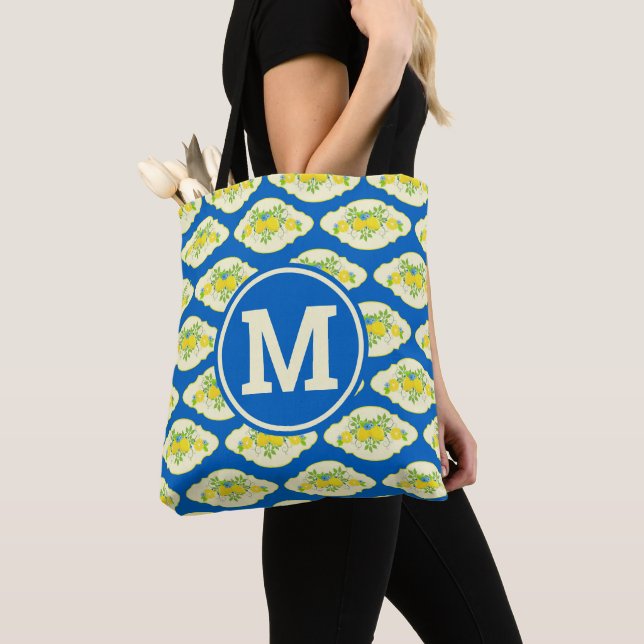 Summery Blue and Yellow Lemons Floral Pattern Tote Bag (Close Up)