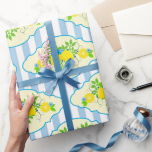 Summery Blue and Yellow Lemons Floral Pattern Wrapping Paper