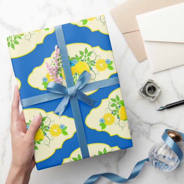 Summery Blue and Yellow Lemons Floral Pattern Wrapping Paper (Gifting)