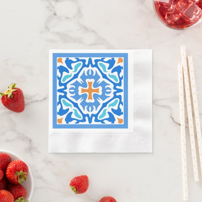 Summery Blue Geometric with Orange Accent Napkin (Insitu)