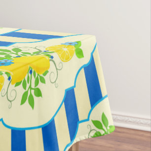 Summery Blue Stripes & Lemons and Leaves Pattern Tablecloth