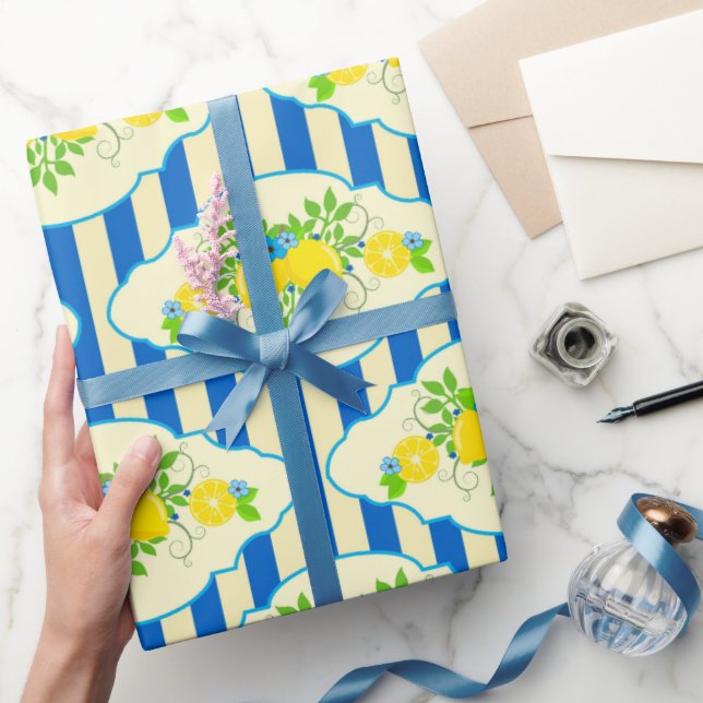 Summery Blue Stripes & Lemons and Leaves Pattern Wrapping Paper (Gifting)