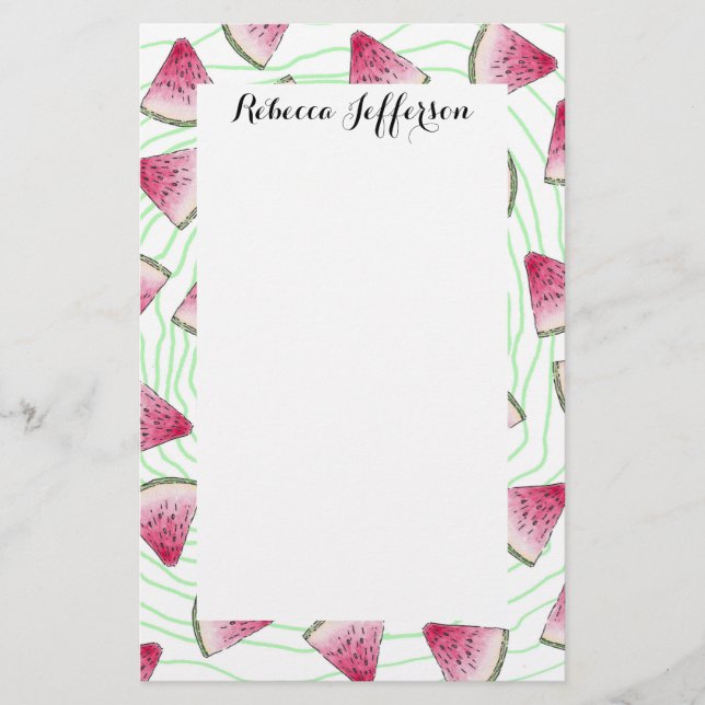 Summery Cute Watercolor Watermelons on Green Swirl Stationery (Front)