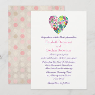 Summery Floral Heart in Pink and Green Wedding Invitation