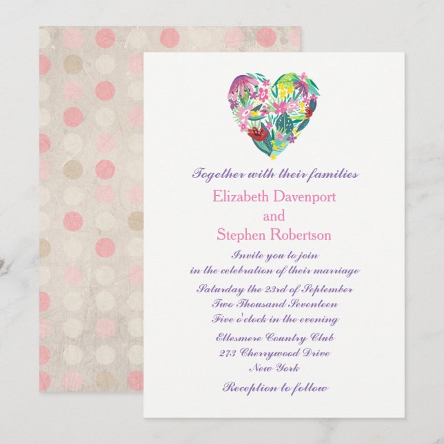 Summery Floral Heart in Pink and Green Wedding Invitation (Front/Back)