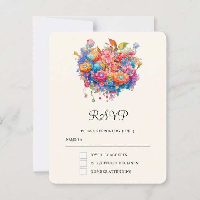 Summery Flower Bouquet Whimsical Boho Wedding RSVP Card (Front)