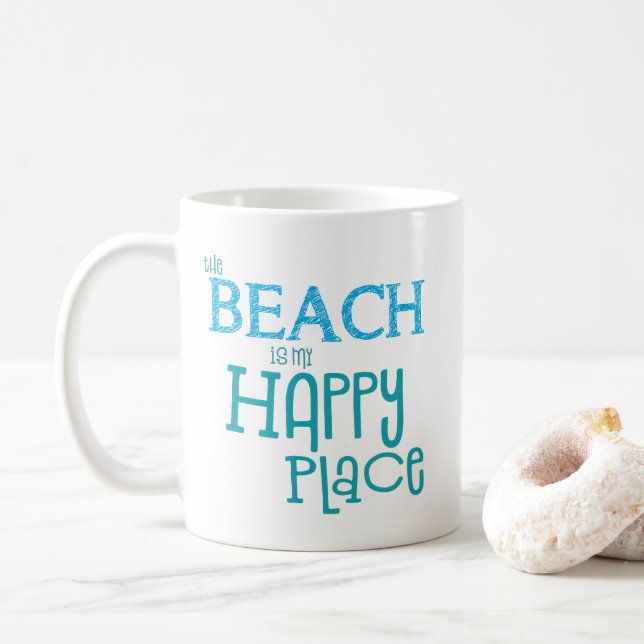Summery Quote The Beach Is My Happy Place Blue Coffee Mug (With Donut)