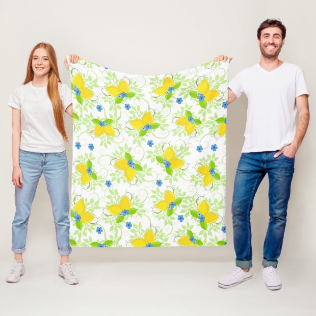Summery White and Yellow Lemons Floral Pattern Fleece Blanket (In Situ)